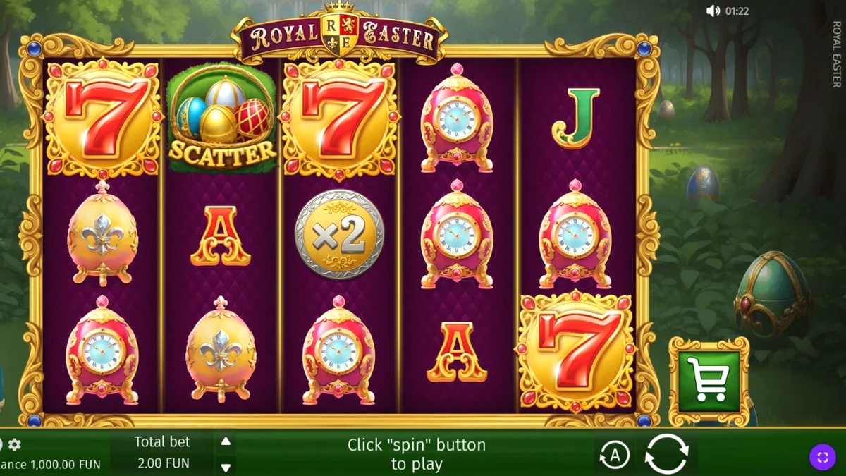 Royal Easter স্লট গেমের রাজকীয় বাগান এবং ফ্যাবার্জে ডিমের দৃশ্য